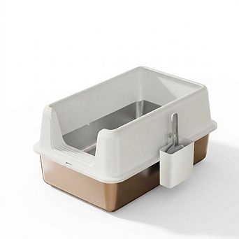 Large Stainless Steel Cat Litter Box, Non-Stick Metal Tray, Lid & Scoop, Leakproof&Splash Resistant