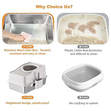 Extra Large Enclosed Stainless Steel Cat Litter Box, Top Entry, Odor Control with Mat & Scoop
