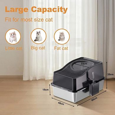 Extra Large Enclosed Stainless Steel Cat Litter Box, Top Entry, Odor Control with Mat & Scoop