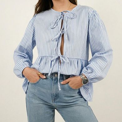 Women's Striped Tie-Front Babydoll Blouse