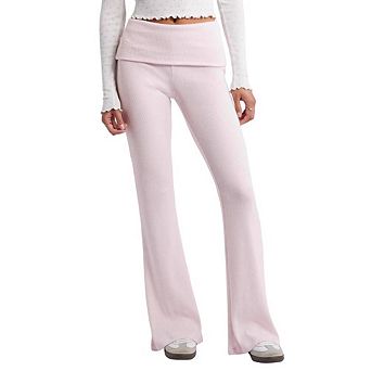 Women's Ribbed Knit Fold Over Waist Pants High Waist Casual Bootcut Lounge Pants