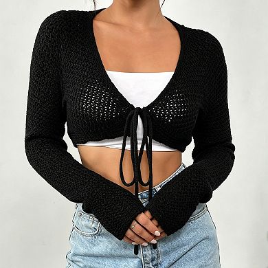 Womens Cropped Knit Cardigan Tie Front Long Sleeve Open Front Crochet Shrug Sweater Top