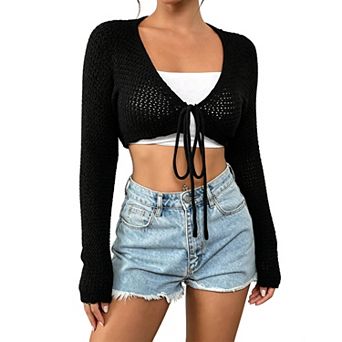 Womens Cropped Knit Cardigan Tie Front Long Sleeve Open Front Crochet Shrug Sweater Top