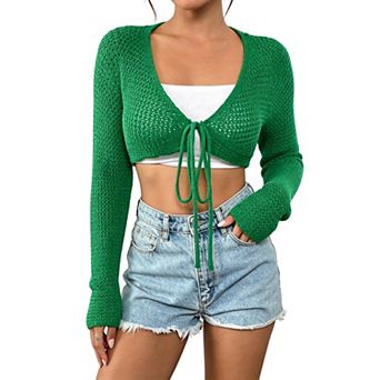 Womens Cropped Knit Cardigan Tie Front Long Sleeve Open Front Crochet Shrug Sweater Top