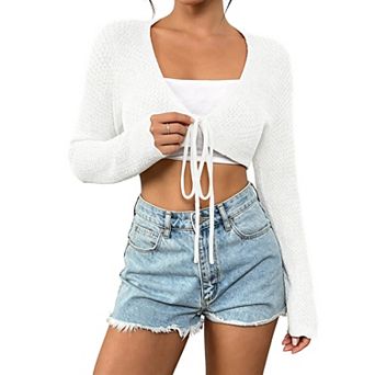 Womens Cropped Knit Cardigan Tie Front Long Sleeve Open Front Crochet Shrug Sweater Top