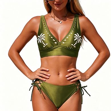 Women's Cutout Bikini Set V-Neck Swim Top with Lace-Up Bottom 2-Piece Swimsuit