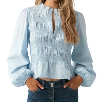 Womens Smocked Puff Long Sleeve Blouse Button Down Peplum Ruffle Hem Shirt
