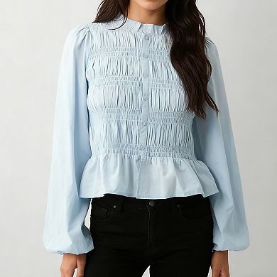 Womens Smocked Puff Long Sleeve Blouse Button Down Peplum Ruffle Hem Shirt