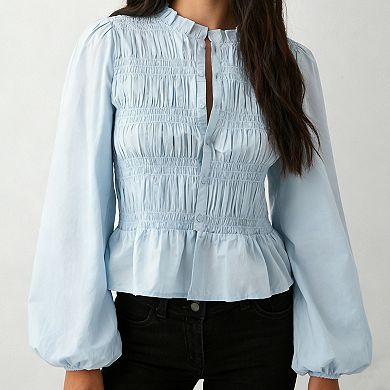 Womens Smocked Puff Long Sleeve Blouse Button Down Peplum Ruffle Hem Shirt