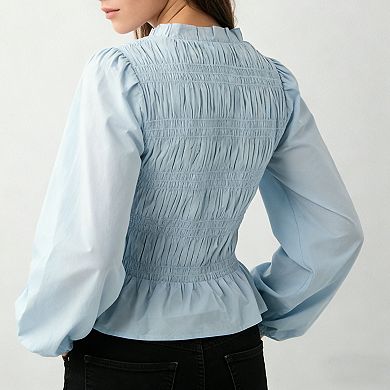 Womens Smocked Puff Long Sleeve Blouse Button Down Peplum Ruffle Hem Shirt