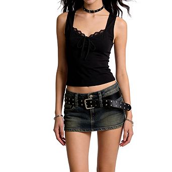 Women's Lace Trim Square Neck Tank Top with Front Tie Detail Sleeveless Fitted Cropped Camisole