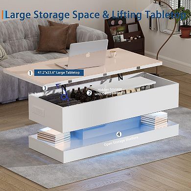 Modern High Glossy Lift Top Coffee Table with LED RGB Lights and Hidden Storage
