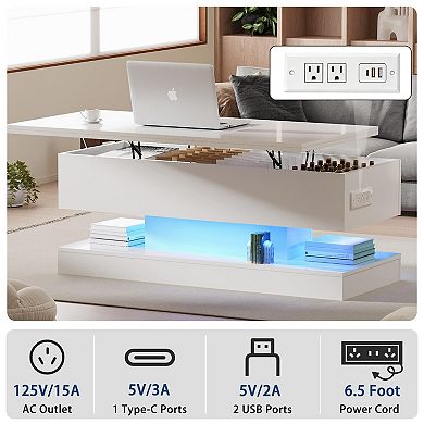 Modern High Glossy Lift Top Coffee Table with LED RGB Lights and Hidden Storage