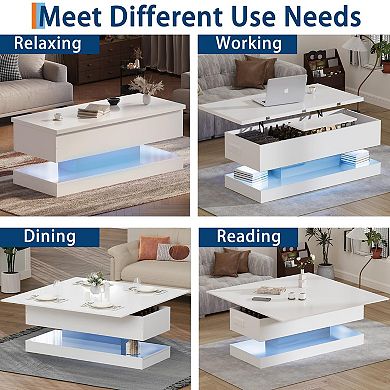 Modern High Glossy Lift Top Coffee Table with LED RGB Lights and Hidden Storage