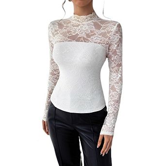 Womens Lace Long Sleeve Floral Mesh Tops Sheer See Through Shirt