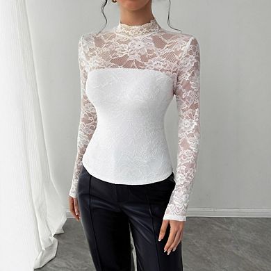 Womens Lace Long Sleeve Floral Mesh Tops Sheer See Through Shirt