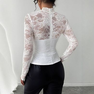 Womens Lace Long Sleeve Floral Mesh Tops Sheer See Through Shirt