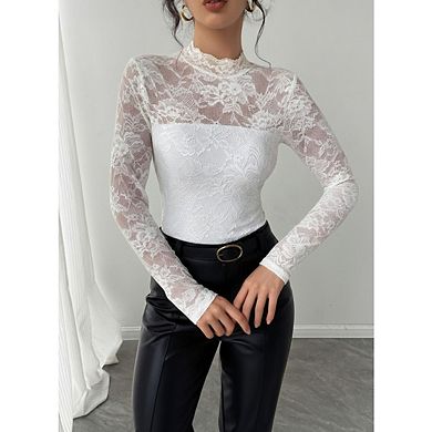 Womens Lace Long Sleeve Floral Mesh Tops Sheer See Through Shirt