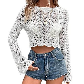 Women's Hollow Out Crochet Long Bell Sleeve Knit Crop Top