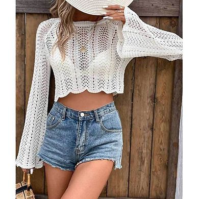 Women's Hollow Out Crochet Long Bell Sleeve Knit Crop Top