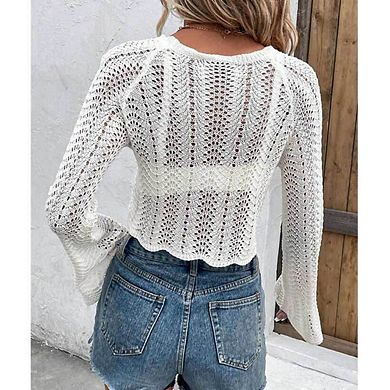 Women's Hollow Out Crochet Long Bell Sleeve Knit Crop Top