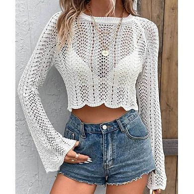 Women's Hollow Out Crochet Long Bell Sleeve Knit Crop Top