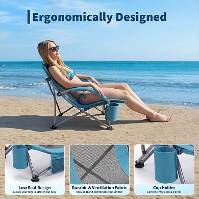 2 Pack Low Beach Chair,Folding Portable Lay Chairs,Lightweight Extra Wide Seat Chair for Camping