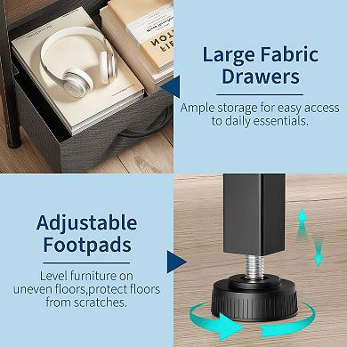 Modern 3-Tier Storage Nightstand, Wood Top with 2 Fabric Drawers & Open Shelf for Bedroom, Hallway