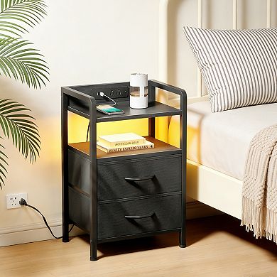 Modern 3-Tier Storage Nightstand, Wood Top with 2 Fabric Drawers & Open Shelf for Bedroom, Hallway