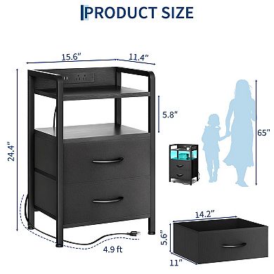 Modern 3-Tier Storage Nightstand, Wood Top with 2 Fabric Drawers & Open Shelf for Bedroom, Hallway