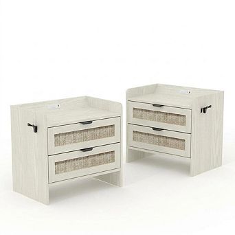 2 pc Boho Nightstand Set, Type-C Charging Port, 2 Large Drawers for Bedroom, Living Room, Office