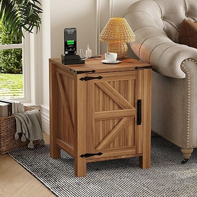Rustic 18'' Nightstand, Charging Station, Adjustable Shelf, Dual Storage for Bedroom & Living Room