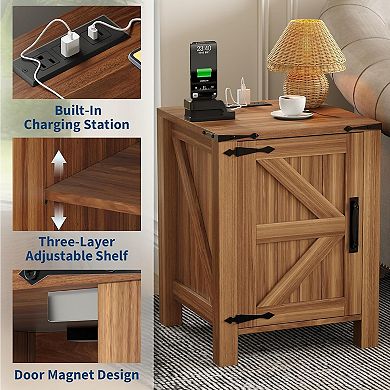 Rustic 18'' Nightstand, Charging Station, Adjustable Shelf, Dual Storage for Bedroom & Living Room