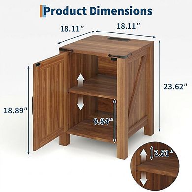 Rustic 18'' Nightstand, Charging Station, Adjustable Shelf, Dual Storage for Bedroom & Living Room