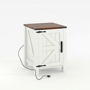 Rustic 18'' Nightstand, Charging Station, Adjustable Shelf, Dual Storage for Bedroom & Living Room