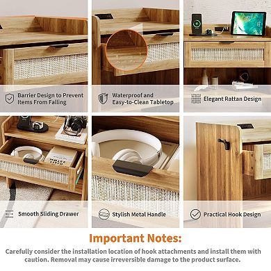 2-Pack Boho Rattan Nightstand, Type-C Charging Port, Drawer & Open Shelf for Bedroom, Office