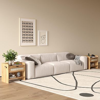 2-Pack Boho Rattan Nightstand, Type-C Charging Port, Drawer & Open Shelf for Bedroom, Office