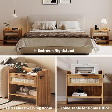 2-Pack Boho Rattan Nightstand, Type-C Charging Port, Drawer & Open Shelf for Bedroom, Office