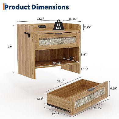 2-Pack Boho Rattan Nightstand, Type-C Charging Port, Drawer & Open Shelf for Bedroom, Office
