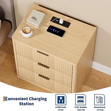 Modern Space-Saving Wooden Nightstand, 3 Drawers with Charging Station