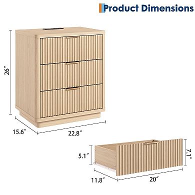 Modern Space-Saving Wooden Nightstand, 3 Drawers with Charging Station