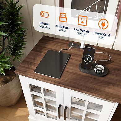 24'' Rustic Nightstand, Charging Station, Adjustable Glass Door & Shelf for Bedroom, Office