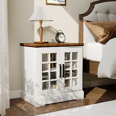 24'' Rustic Nightstand, Charging Station, Adjustable Glass Door & Shelf for Bedroom, Office