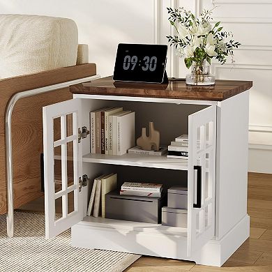 24'' Rustic Nightstand, Charging Station, Adjustable Glass Door & Shelf for Bedroom, Office