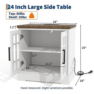 24'' Rustic Nightstand, Charging Station, Adjustable Glass Door & Shelf for Bedroom, Office