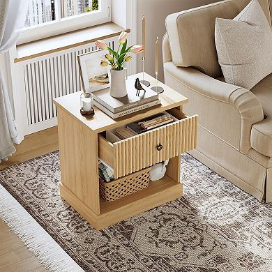 Mid-Century Carved Nightstand, Drawer & Open Shelf for Bedroom, Living Room