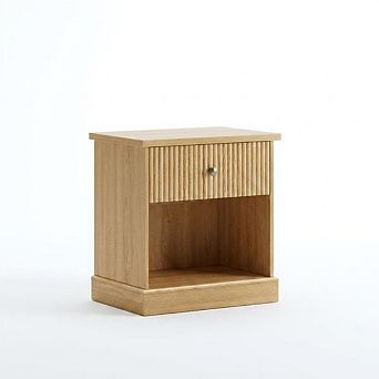 Mid-Century Carved Nightstand, Drawer & Open Shelf for Bedroom, Living Room