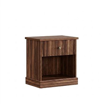 Mid-Century Carved Nightstand, Drawer & Open Shelf for Bedroom, Living Room
