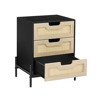 Boho Rattan Nightstand with 3 Rattan Drawers & Sturdy Metal Legs for Bedroom, Living Room