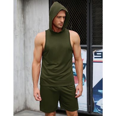 Men's Short Sets 2 Piece Outfits Summer Hooded Sleeveless Athletic Tank Tops Drawstring Gym Running